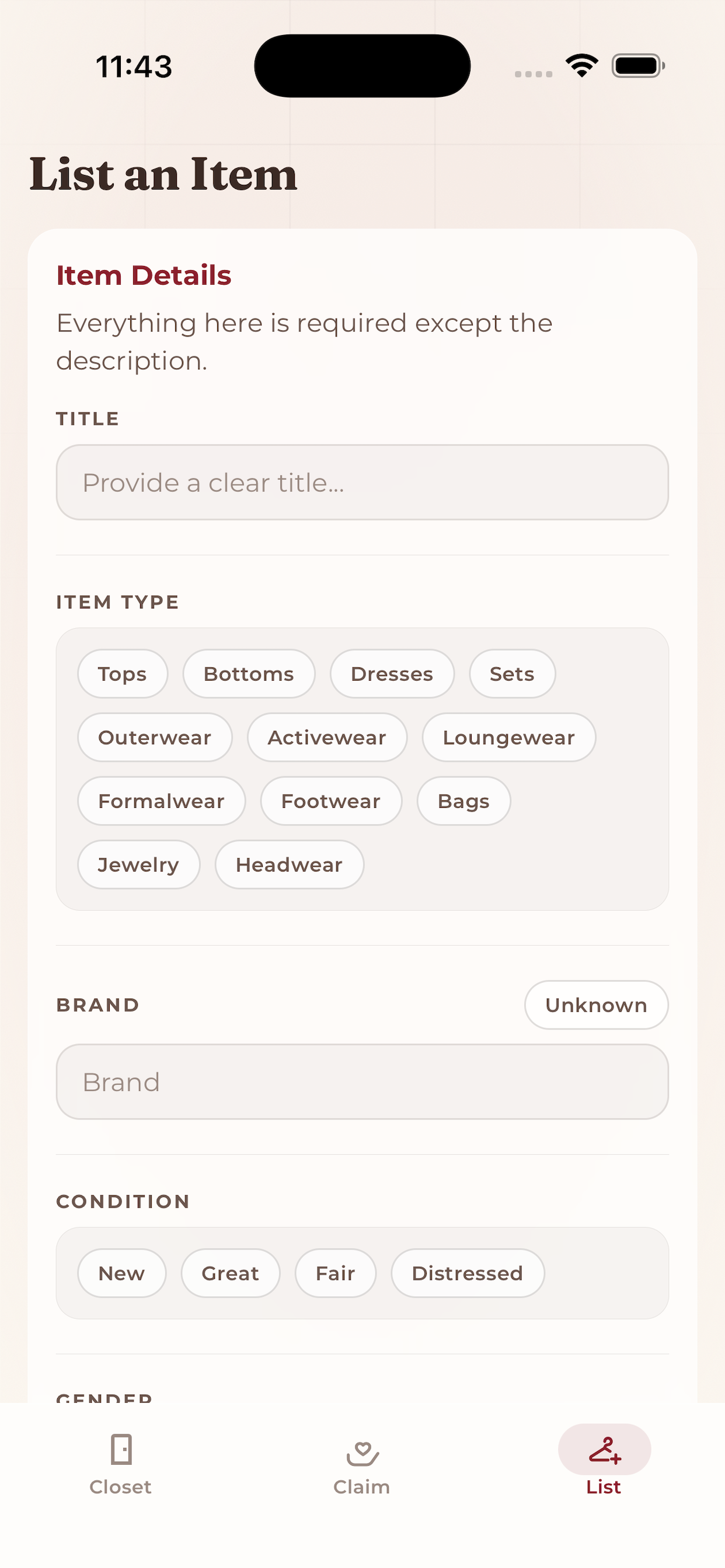 The Community Closet app screen: list an item