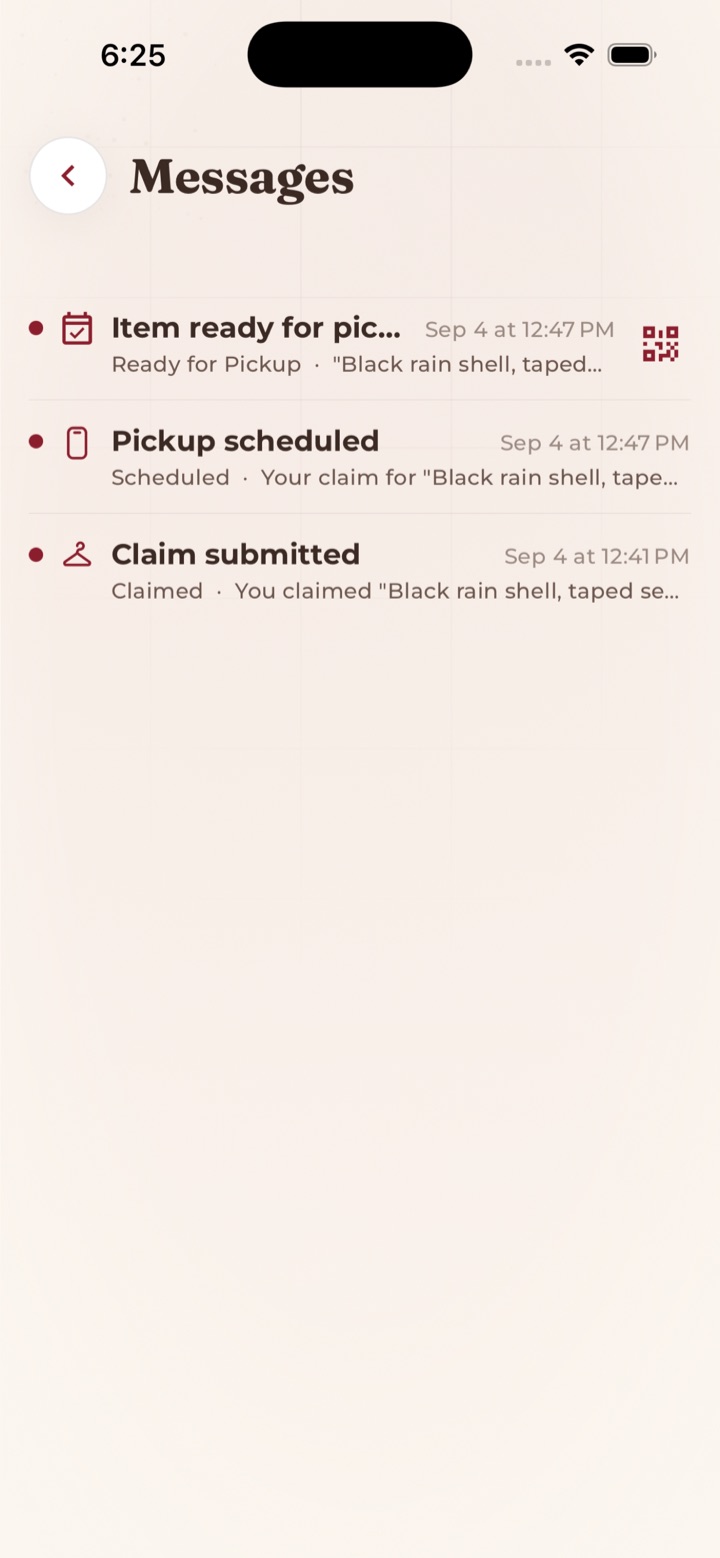 The Community Closet app screen: track your pickup